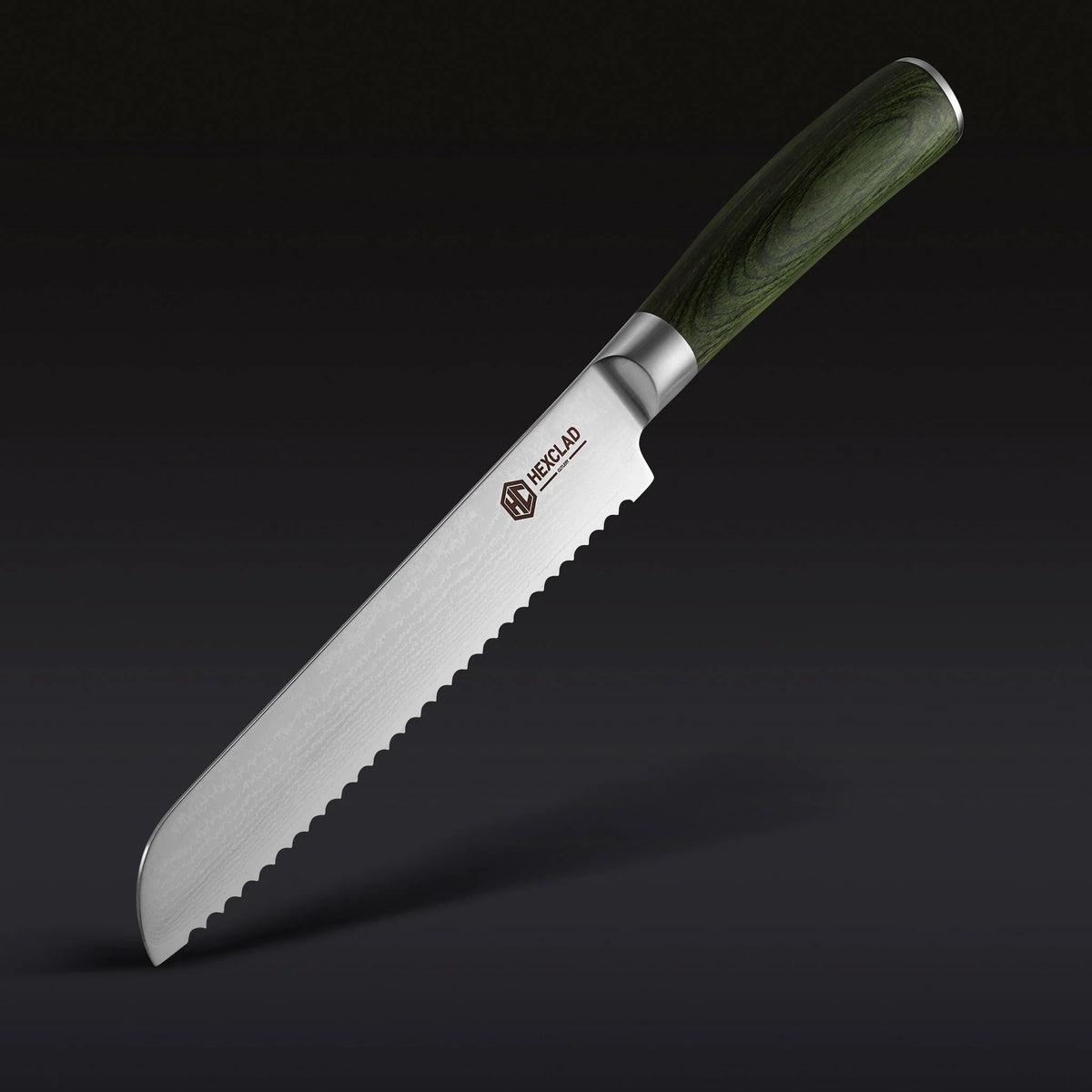 Damascus Steel Serrated Bread Knife, 8" (Green)
